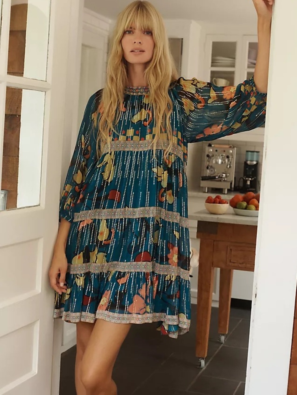 Anthropologie Verb Eulalia Shimmer Tunic Dress Blue Floral Size 4